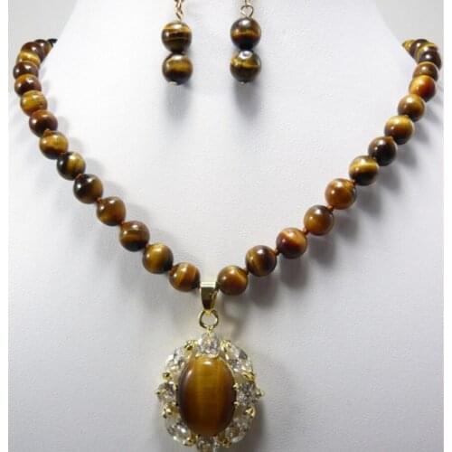8mm Tiger Eye Necklace Earrings metal plated jewelry set gift