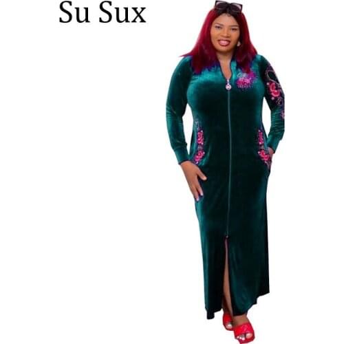 Plus Size Velvet Maxi African Dresses For Women Solid Robe Africa Clothing Long Sleeve Zipper Long Dress Vestidos 2021 Autumn