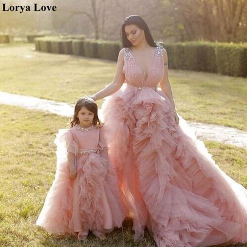 Pink tiered Princess Prom Dresses 2020 Mother And Daughter Tulle Formal Party Evening Gowns For Wedding Elegant Vestido Fiesta