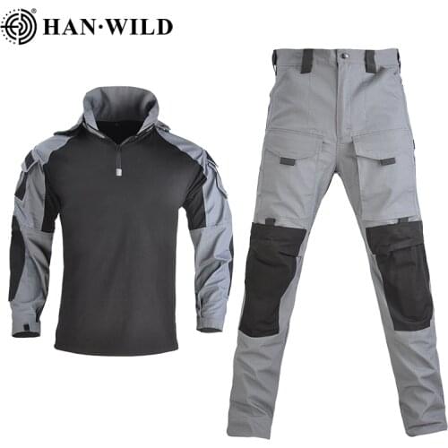 HAN WILD Hooded Tactical Suit Camo Uniform Military Shirt + Pants Army CS Shooting Training Combat Sport Hiking Shirts with Pads