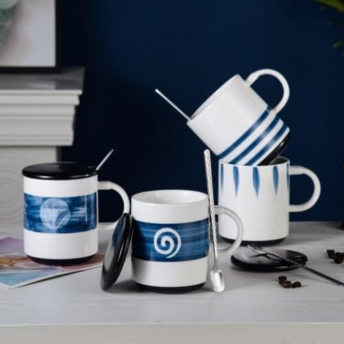Japanese ceramic cups creative hand-painted mugs with lid spoons household cups Office coffee cups student gifts