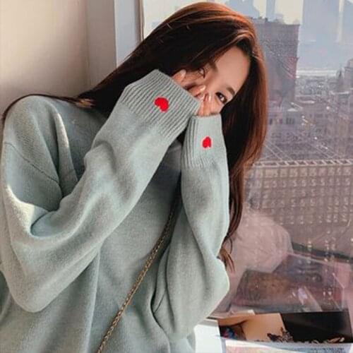 Embroidery Green Sweaters for Woman Autumn Winter 2021 O-neck Long-sleeve Loose Knitting Korean Tops Sweet woman Jumper Fall
