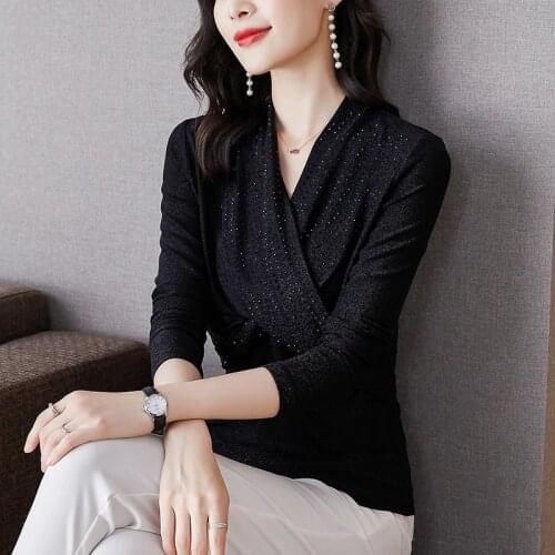 Diamonds Pullover-Shirt Gauze 2021 Autumnnew Auger V-Neck Top Female Long Sleeve Spring New Western Style European Good Blouses