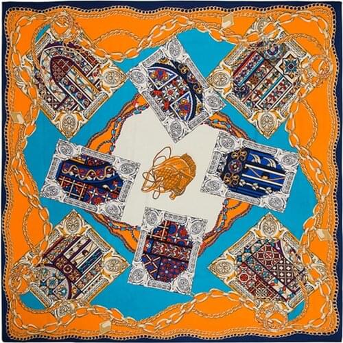Twill Silk Women Scarf 130*130 cm Euro Metal Chain Flagon Play Print Square Scarves High Quality Gift Fashion Super Large Shawls