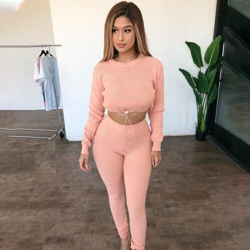 2020 Winter Women Solid 2 Two Piece Set Bodycon Sport Fitness Tracksuit Long Sleeve Crop Tops Tshirt Leggings Pants Set