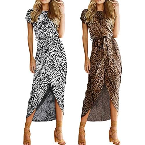 2021 Elegant Slit Dress Womens Sexy Leopard Printing Casual Short Sleeve O-neck Slit Solid Party Dress Summer Long Maxi Dress