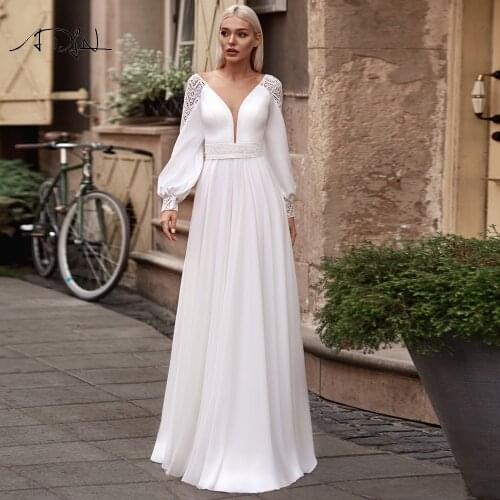 Adln Vintage Lace Boho Wedding Dress Long Puff Sleeves Sheer Neck Elegant Chiffon Bride Gowns 2021 Robe de mariee