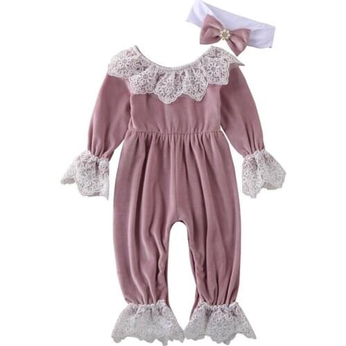 Free shipping Cute Newborn Baby Girls clothes Lace Long Sleeve Ruffle round neck Romper bow Headband 2pc kids Toddler Outfits