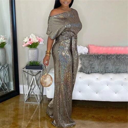 2021 New Sequined Jumpsuits Women Sexy Short Sleeve Rompers Wide Leg Pants Lace Up Fashion Overall Party Night Female Clubwear