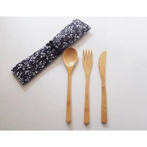 3Pcs/set Dinnerware Set Bamboo Fork Knife Soup Teaspoon Catering Cutlery Set With Cloth Bag Kitchen Cooking Tools Utensil SN608