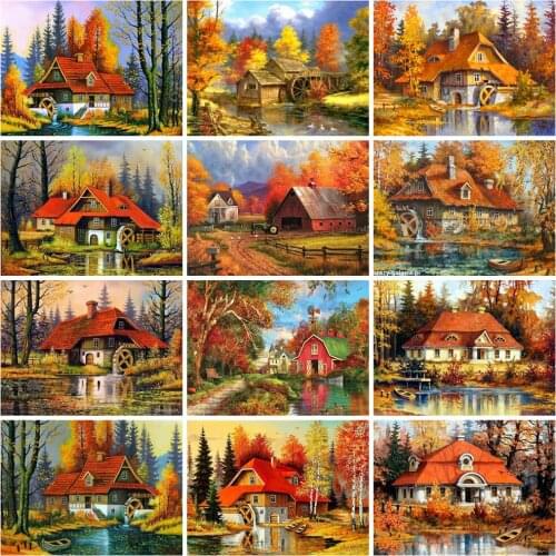 EverShine Diamond Mosaic House Picture Rhinestones Diamond Painting Landscape Cross Stitch Autumn Bead Embroidery Hobby Gift