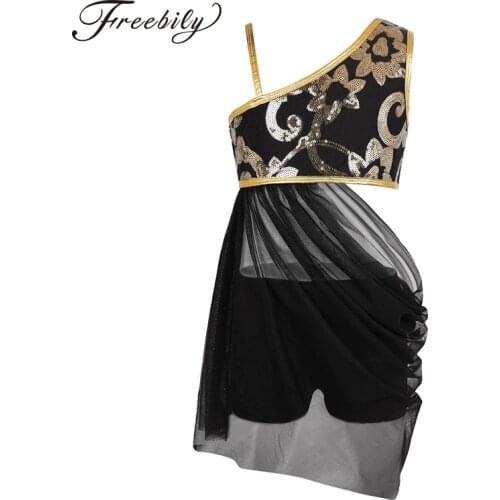 2Pcs Girls Children Kids Ballet Gymnastic Performance One-shoulder Floral Sequins Dress for Lyrical Modern Contemporary Dance