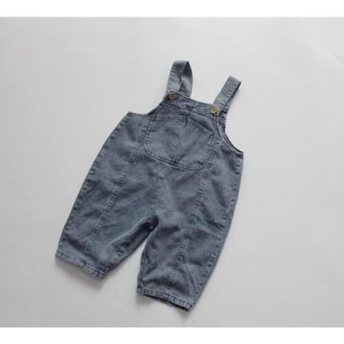 Korean Style 2021 Summer Baby Boys Denim Straps Pants Loose Casual Kids Pure Color Overalls