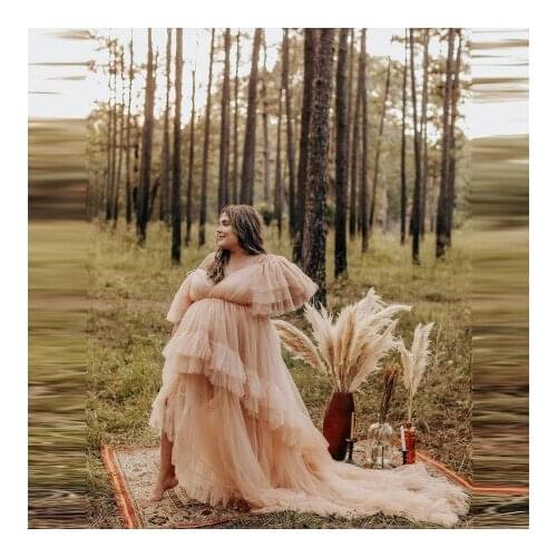 Plus Size Tulle Maternity Dresses V Neck Cap Sleeves Ruffles Extra Puffy Long Train Tiered Bridal Pregnancy Gowns 2021