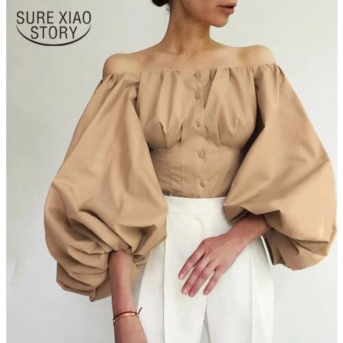Lantern Sleeve Elegant Khaki Blouse Women Sexy Party Off Shoulder Top Ladies White Black Shirt Cotton Bodycon Blouse Blusa 13140