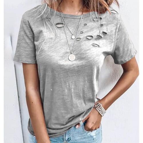 40#Women T-Shirts Hole Casual Ripped Short Sleeve Round Neck T-Shirt Summer Solid Color Vintage Elegant Pullover Top футболка
