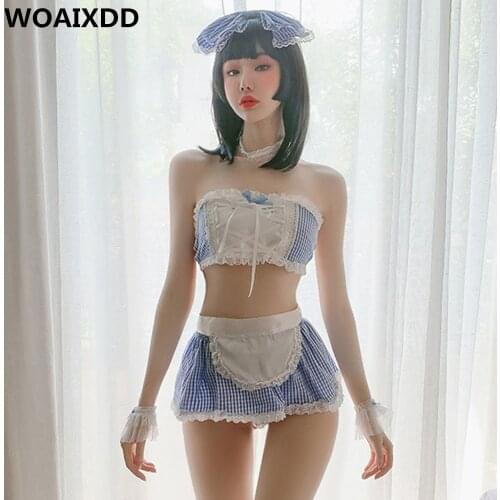 Blue Lolita Cute Girl Sexy Maid Uniform Transparent Lingerie Set Schoolgirl Womens Devil Cosplay Costumes Anime Underwear Outfit