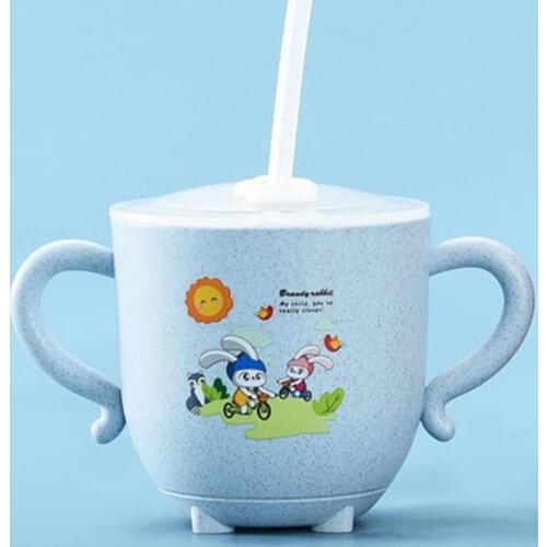 60%HOT270ml Child Feeding Mug Cartoon Pattern Dual Use Wheat Straw Cute Baby Drinking Cup with Straw for Home