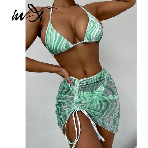 In-X Tie dye bikini set Triangle womens swimsuit Skirts 3 pieces set Triangle swimwear female Drawstring bathing suit brazilian