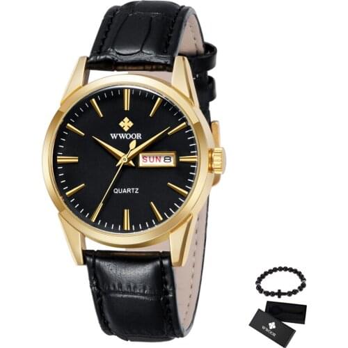 Top Brand Luxury Male Clock WWOOR Genuine Leather Strap Mens Wristwatch Display Date Quartz Watch Fashion Business Men Watches
