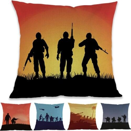 Silhouette of soldiers in the sunset The special arms Heroic posture linen Pillow Case Home Sofa Car Decorative Cushion Cover