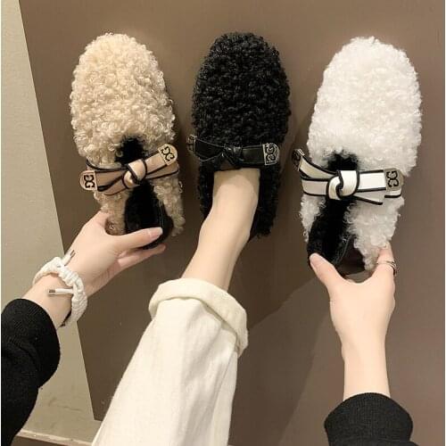 Winter Women Flats Faux Lambswool Loafers Warm Slip on Flat Shoes Woman Slipper Plush Outside Home Shoes