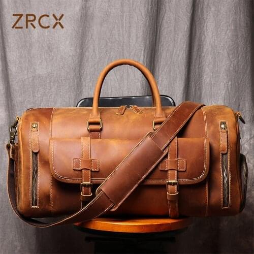 ZRCX Mens Genuine Leather Travel Bag Business Handbag First Layer Cow Leather Gym Bag Leather Duffel Bag For 13inch Laptop