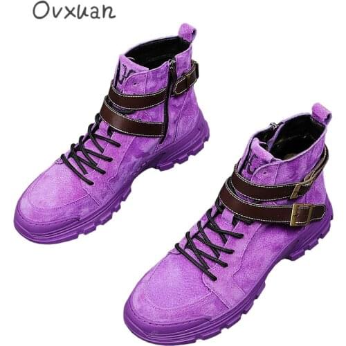OVXUAN Purple Martin Botas Hombre Vintage Cow Suede Leather Splicing Double Buckle Strap Retro Men Shoes Ankle Boots 2021 Winter