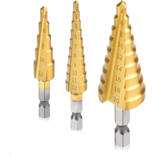 HSS Step Drill Bit Set of 3, 3-12mm 4-12mm 4-20mm Cone Titanium Wood Metal Hole Cutter Hex Shank Drive Quick Change Tool