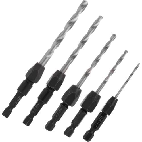5pcs 1/4" Hex Shank Wood HSS Drill Bit Set Quick Change Tool 2/3.2/4/5/6mm