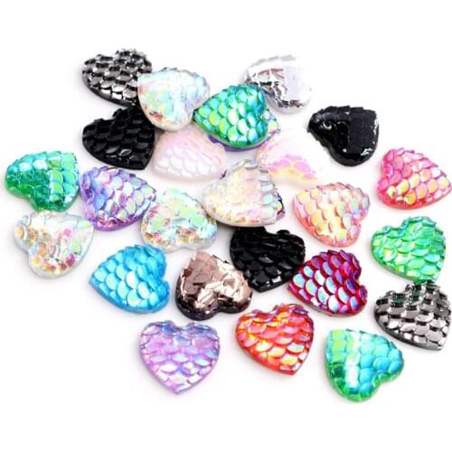 New Fashion 40pcs 12mm Heart Style Mix AB Colors Fish Scale Flat back Resin Cabochons For Bracelet Earrings accessories-V3-01