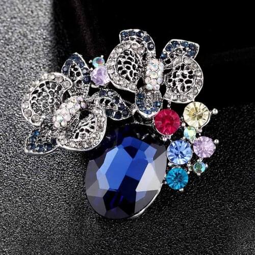 Very Nice Antique Silver vintage Flower pin brooch bridal jewelry Costume Collar blue Rhinestone brooches bijoux Christmas pins