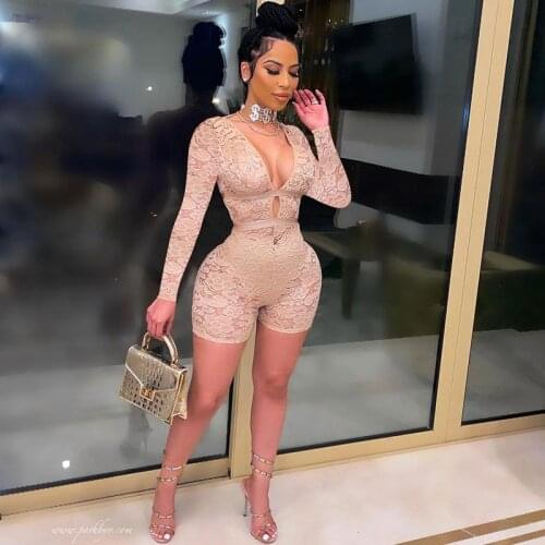 Sexy Floral Lace Sheer Rompers Womens Jumpsuit Shorts Romper Elegant Night Party Club Outfits Long Sleeve Playsuits Combinaison