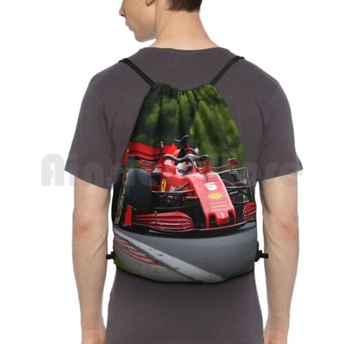 Vettel During The 2020 Hungarian Grand Prix Backpack Drawstring Bag Riding Climbing Gym Bag Racecar Racing Racecars Sports
