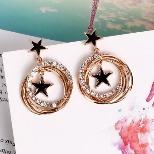 Korean Fashion Geometric Long Statement Earring Rhinestone Big Circle Pentagram Ear Tassel Drop Earrings Bijoux Brincos