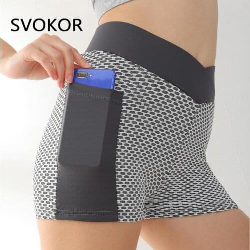 SVOKOR Pockets Sport Shorts Women High V-waist Fitness Athletic Gym Workout Shorts Running Summer Casual Short Bottoms Skinny
