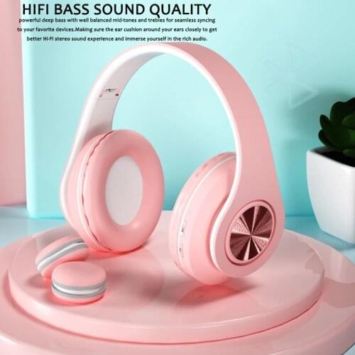 Foldable Headphone InPods Boom Portable Wireless Bluetooth 5.0 Headphone Cute girl Headset Pink HIFI Stereo support TF card