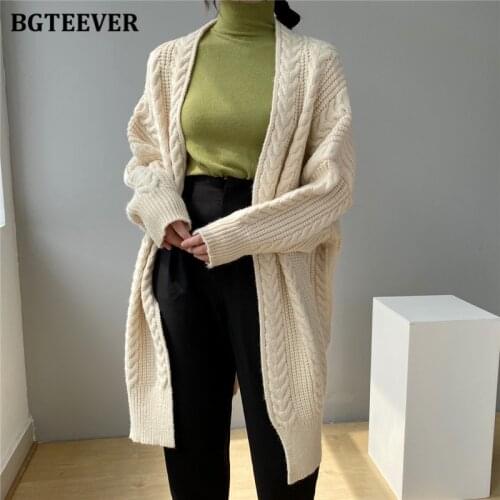 BGTEEVER Stylish Warm Loose Women Solid Sweater Cardigans Long Sleeve Oversized Female Long Knitted Outwear 2021 Autumn Winter