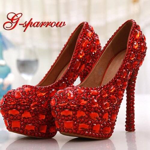 Red Crystal Bridal Wedding Party Prom Shoes Plus Size From 40 to 45 Wholesale Price Platform Anniversary Ceremony Pumps