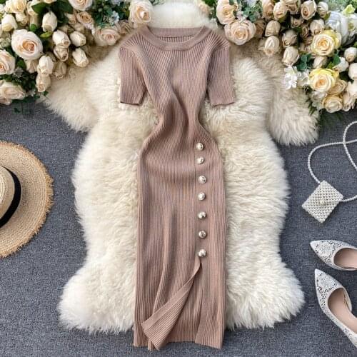 Vintage spring Slim button sexy split Bodycon Knitted midi Dress Summer Party Women casual knee length dress Club sheath dresses