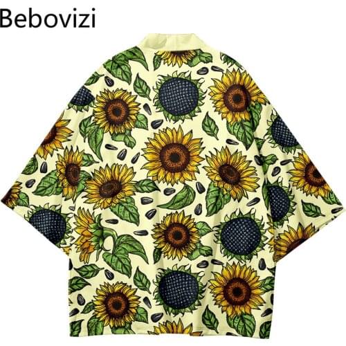 Yellow Sunflower Flower Loose Japanese Cardigan Women Men Harajuku Beach Kimono Cosplay Blouse Yukata Clothing Asian Fashion