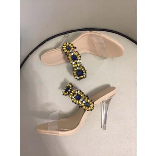 Women Sandals Crystal Rhinestone PVC Clear Sandals Transparent High Heel Stiletto Wedding Bridal Dress Shoes Beach Slip