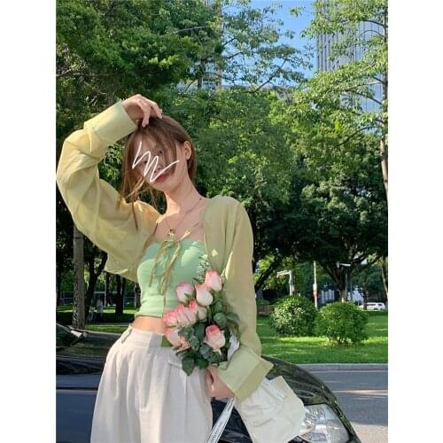 Womens Small Sling Summer Thin Design Sunscreen Shawl Suit New Style Beautiful Back With Cute Cardigan Solid Color Simple 2021