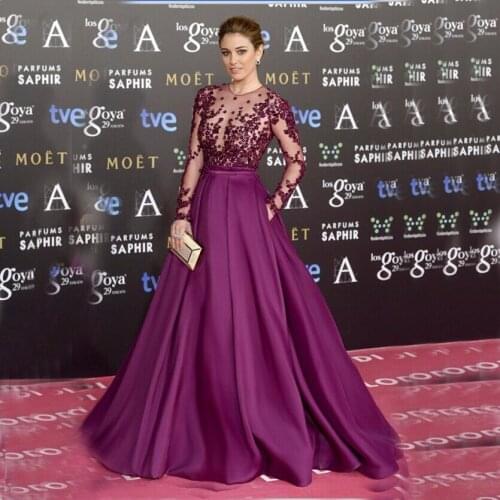 Charming Prom Dresses 2019 Beaded Appliqueed Lace Illusion Customized A Line Purple Plus Size Long Sleeve Vestido De Fiesta