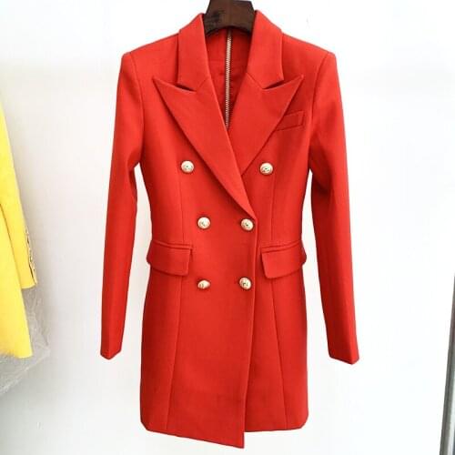 HIGH STREET New Fashion 2021 Designer Stylish Womens Long Sleeve Notched Collar Lion Buttons Double Breasted Blazer Dress