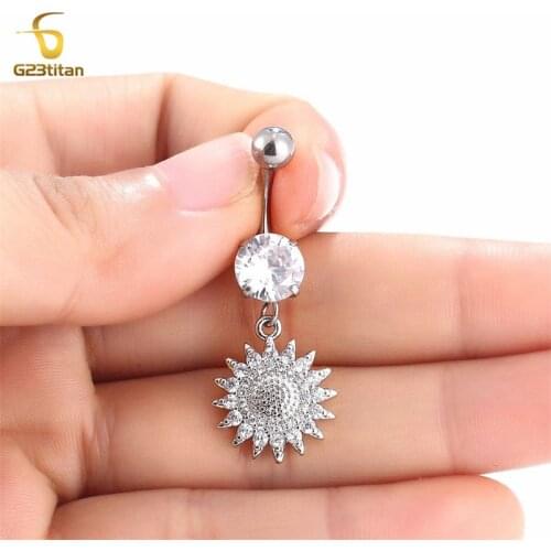 14G Titanium Womens Belly Button Piercing Ring Sunflower Pendant Zircon Buckle Ring Navle Ring Beach Body Piercing Jewelry