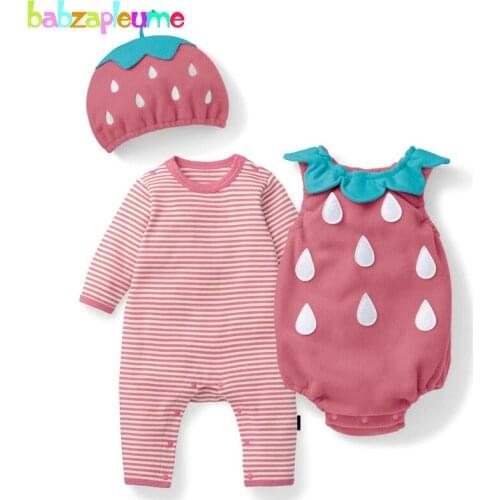 3PCS/0-18Months/Spring Autumn Newborn Baby Girls Clothes Cute Strawberry Bodysuits+Pink Jumpsuit+Hat Infant Clothing Sets BC1003