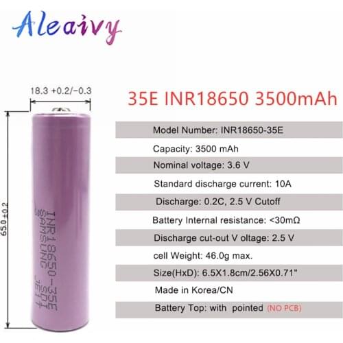 100% Original Made In Korea18650 3500mAh 20A Discharge INR18650-35E 3.7v 18650 Battery 3.7V Rechargable Battery (NO PCB)