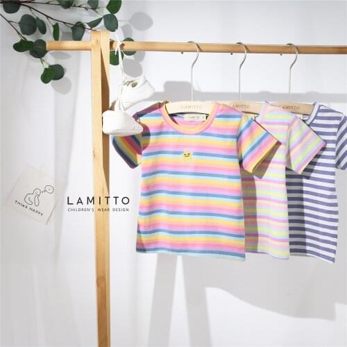 Tonytaobaby Child New Products Rainbow Stripes Embroidered Short Sleeve T-shirt Girls Shirts