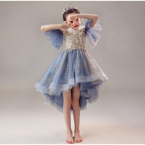 Flower Girl Dresses Sequined Ruched Tiered Lace Tulle Princess Ball Gown Off The Shoulder Blue Knee-Length Kids Party Dress D172